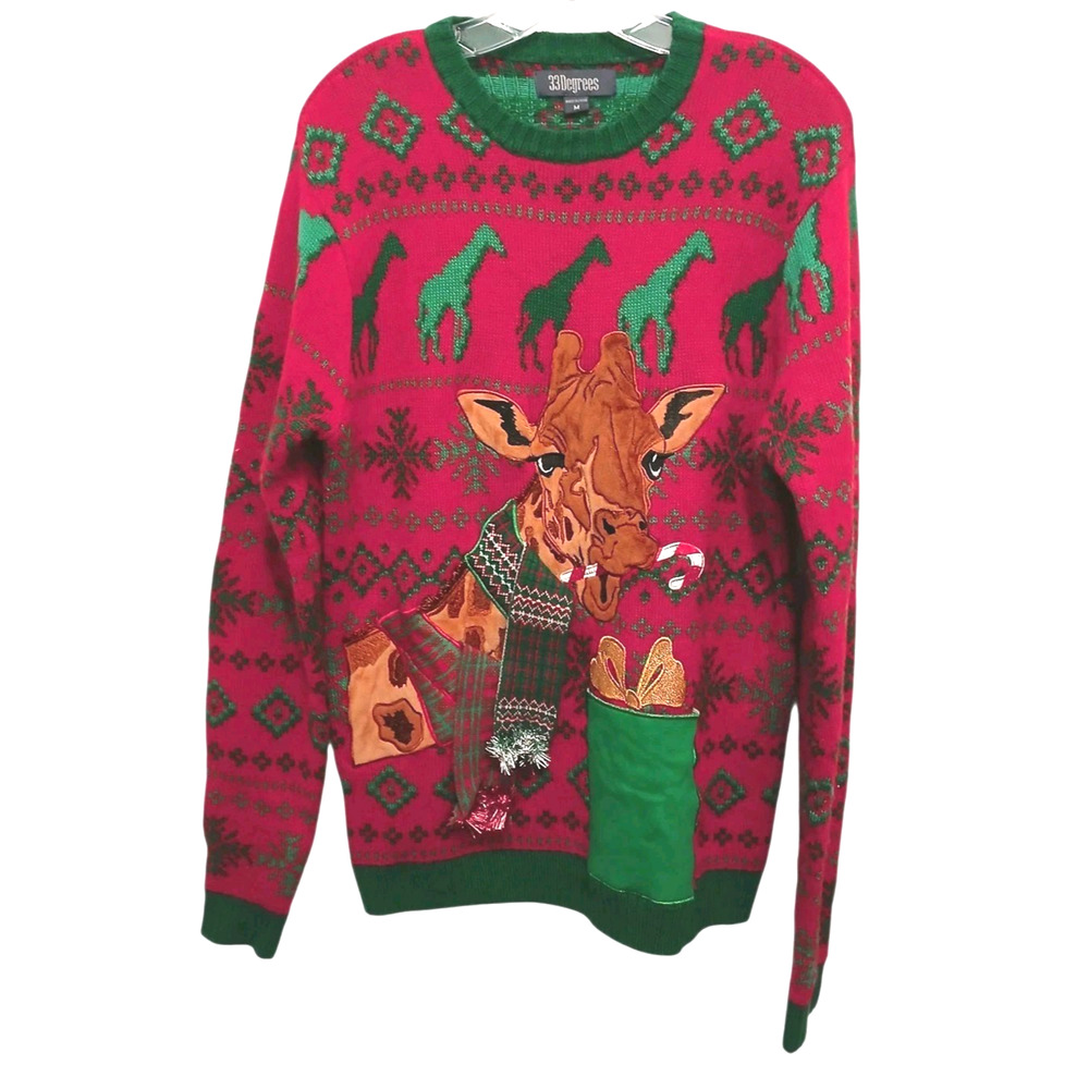 Ugly‎ 3D Giraffe Christmas Sweater Velvet Embroidered Men's Sz M Red Fair Isle